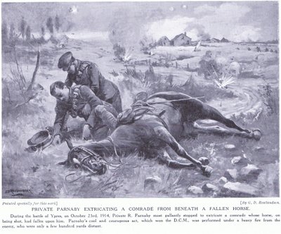 Private Parnaby erhält DCM für die Rettung eines Kameraden unter einem gefallenen Pferd unter schwerem Beschuss im Oktober 1914 von George Derville Rowlandson